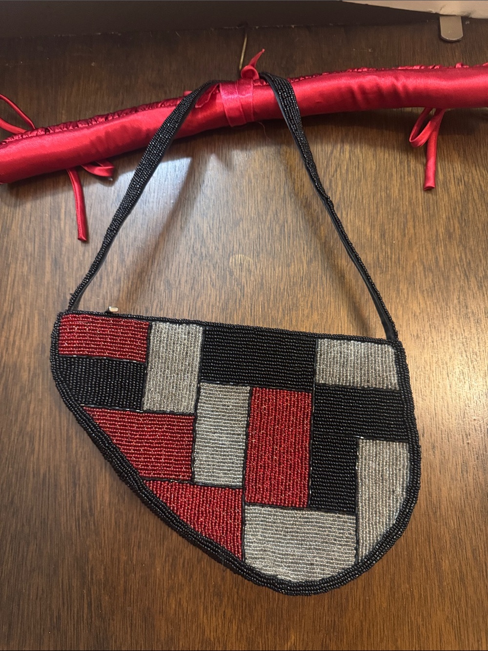 Vintage Beaded Handbag in Red, Black & Silver